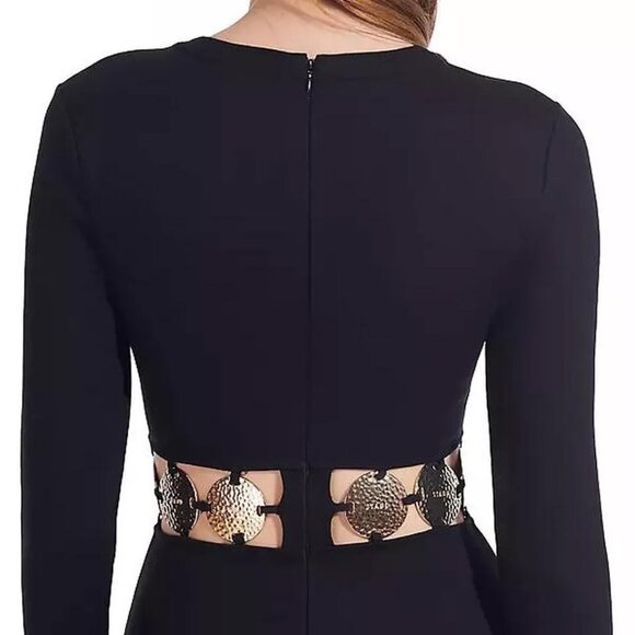 STAUD BLACK DELPHINE GOLD LOGO COIN CUTOUT MAXI DRESS BLACK SZ 8 LONG SLEEVE - Picture 5 of 15